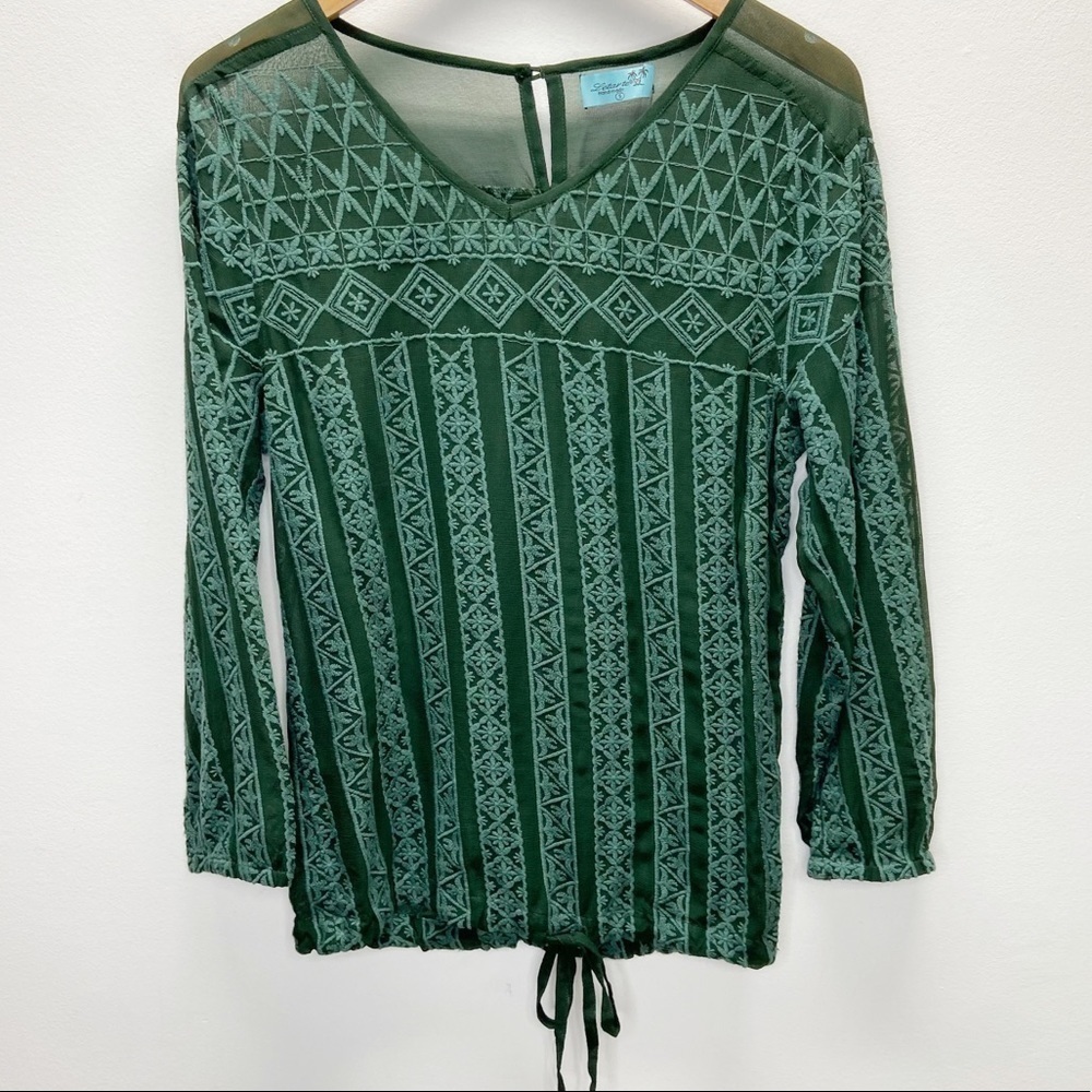 Letarte Dark Green Sheer Embroidered Top Sz S